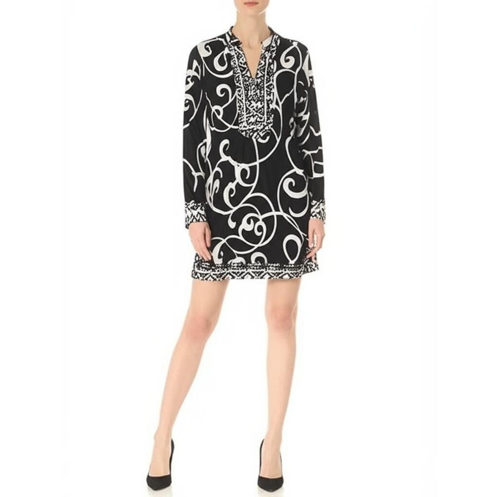 Style‎ & Co Black White Scroll Print Shift Dress Split Neck 3/4 Sleeve Small